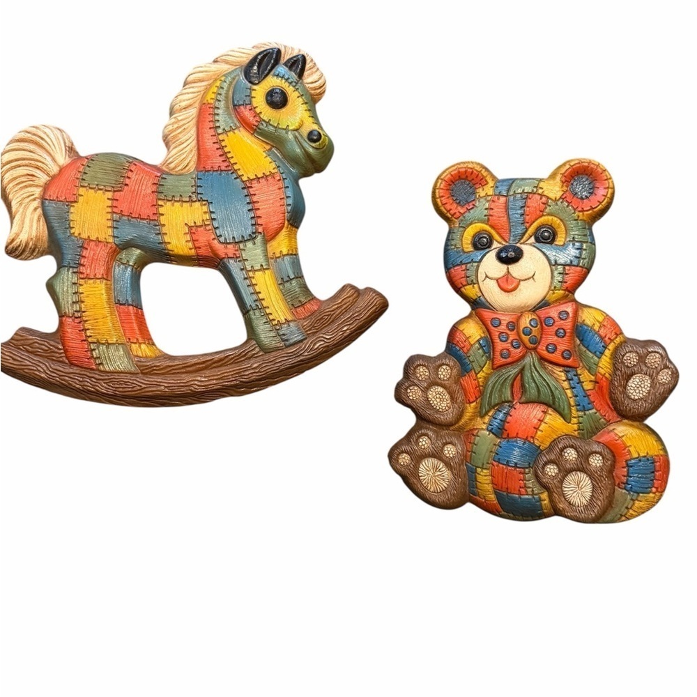 Vintage 1979 Patch Foam Craft Nursery Teddy Bear And Rocking Horse Wall Hanging